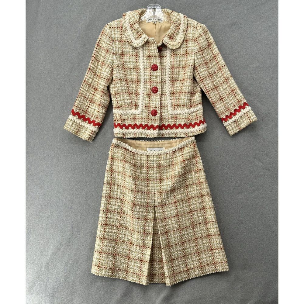 Vintage 1970’s Sara Campbell Wool Skirt Jacket Set Tweed Buttons Womens 2